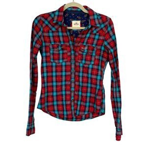 Hollister Red Blue Plaid Shirt Silver Thread Y2K Top Button-Up Womens Size XS